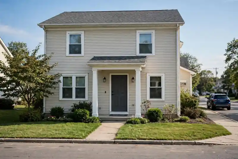 Illustration of a two-story house with beige siding, a gray front door and a small front porch