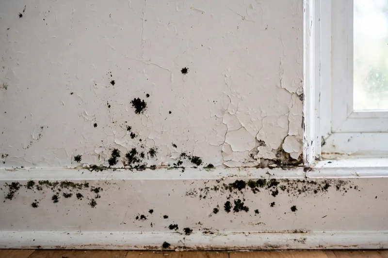 Illustration of a close view of a wall under a window with dark mold spots and peeling paint